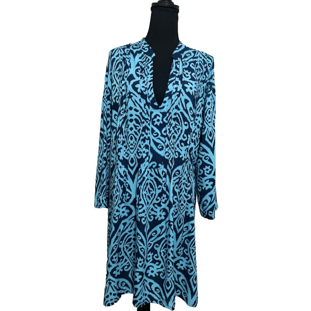Women's 3/4 Sleeve Open V-Neck Floral‎ Dress (Turquoise & Navy, OS) Midi